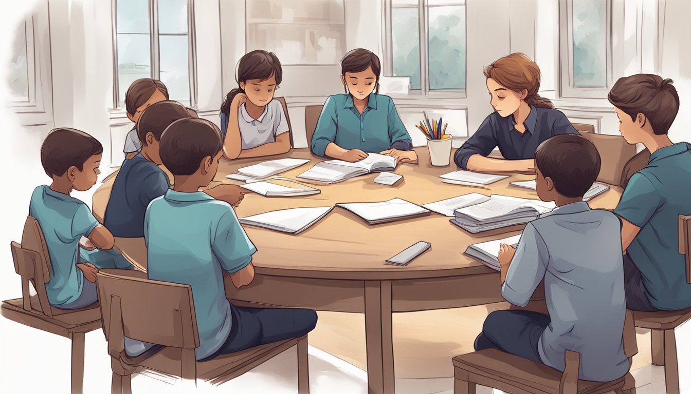 A group of children of different ages and backgrounds sitting around a table, drawing and brainstorming ideas for a funeral service