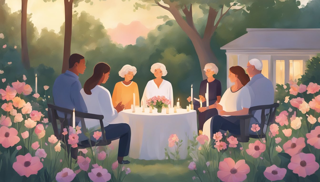 A group of people gather in a serene setting, surrounded by flowers and candles. They are engaged in thoughtful discussion, sharing memories and planning a meaningful memorial service