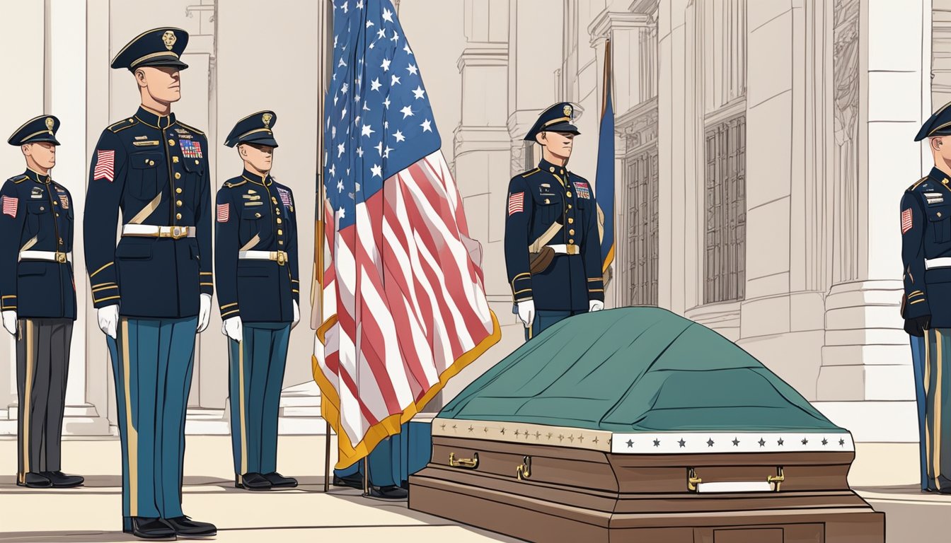 A military honor guard stands at attention beside a draped casket, with the American flag folded neatly on top. The scene is solemn and respectful