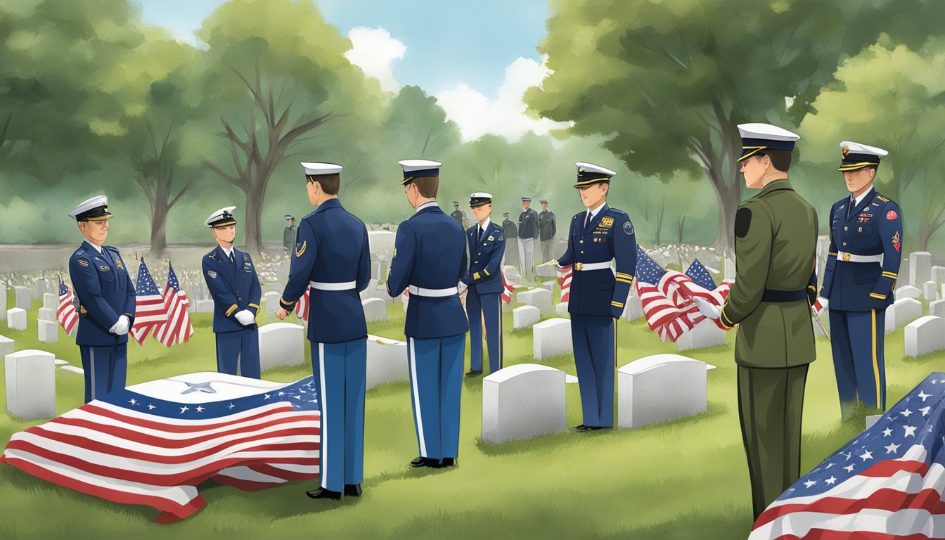 A group of military personnel perform a flag-folding ceremony at a gravesite, while family members receive memorial items