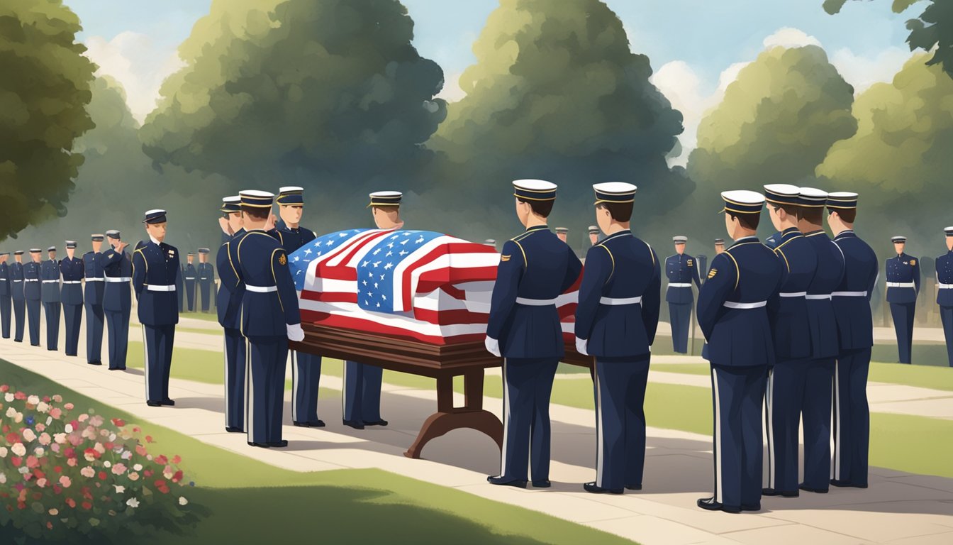 A somber military funeral at a national cemetery, with uniformed soldiers performing a ceremonial flag folding and presentation to the deceased's family