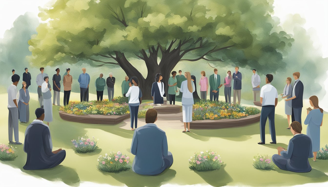 A group of mourners gather in a peaceful outdoor setting, surrounded by nature. A symbolic tree planting ceremony takes place, with each person contributing to the growing memorial garden