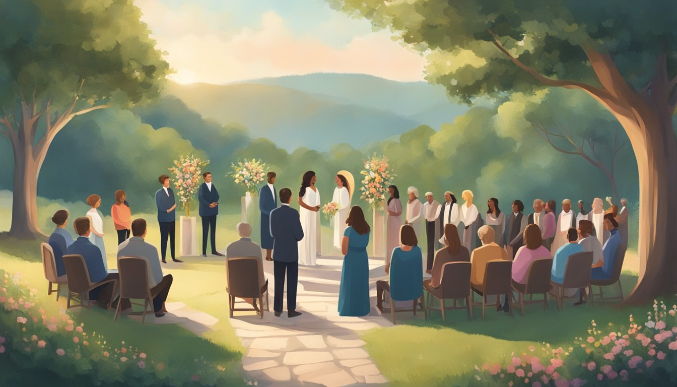 A group of people gather in a serene outdoor setting, surrounded by nature. They engage in a meaningful non-religious ceremony to honor the life of a loved one