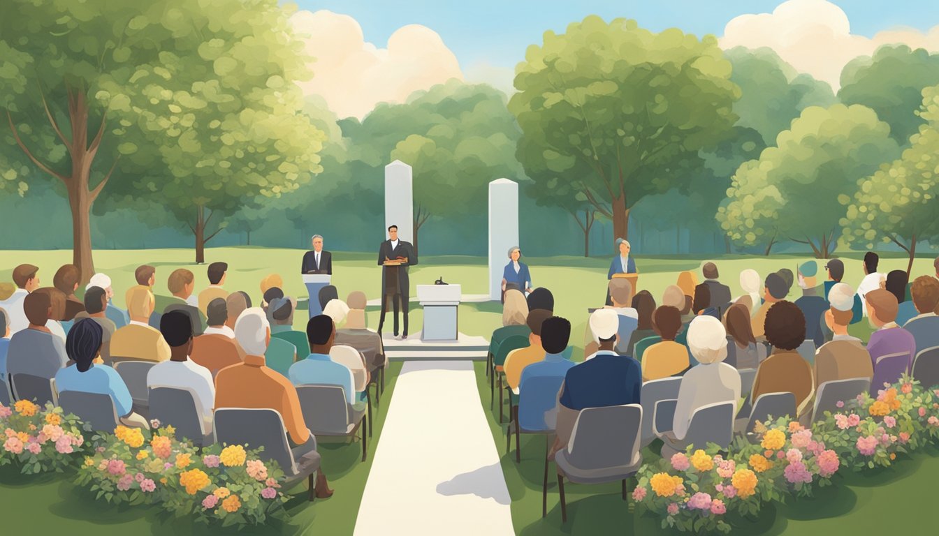 A group of people gather in a serene natural setting, surrounded by trees and flowers. A speaker stands at a podium, delivering a heartfelt and meaningful non-religious service