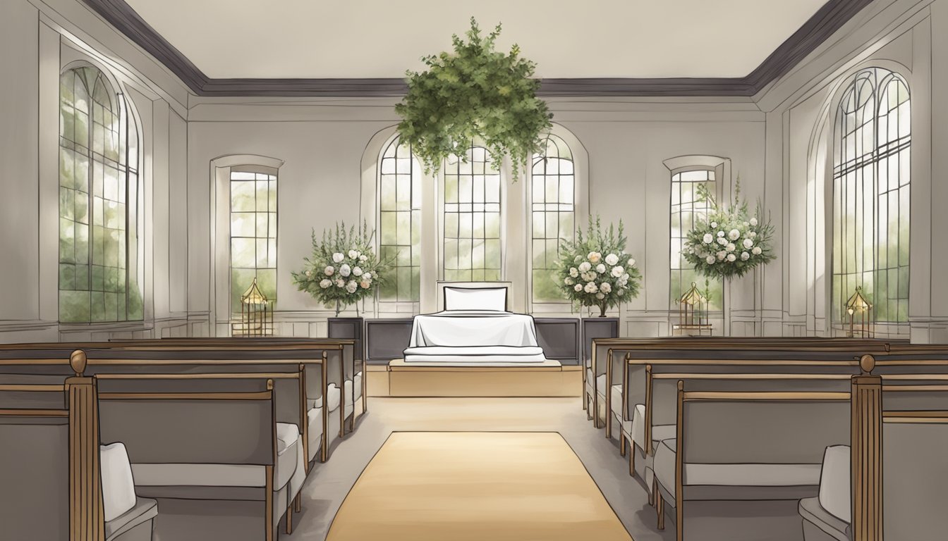 A serene gathering space with diverse symbolic elements and comforting seating arrangements for a non-religious funeral service