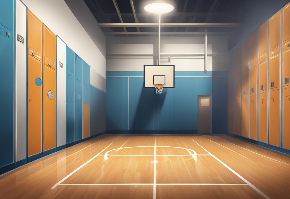 A basketball court with a spotlight on a basketball and a jersey with "Clark" and the number 1 hanging on a locker