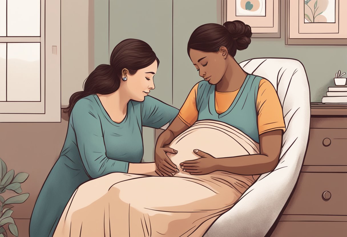 A doula comforting a pregnant woman during labor, offering emotional support and guidance