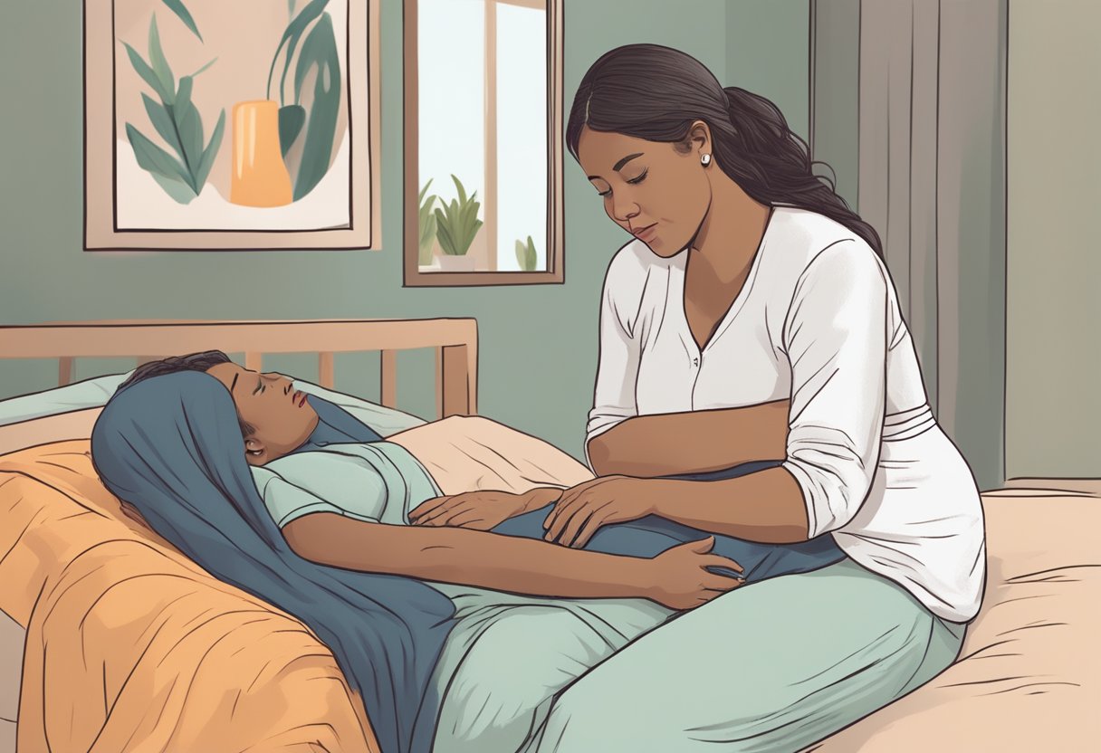 A doula comforting a pregnant woman during labor, providing emotional support and advocating for her needs