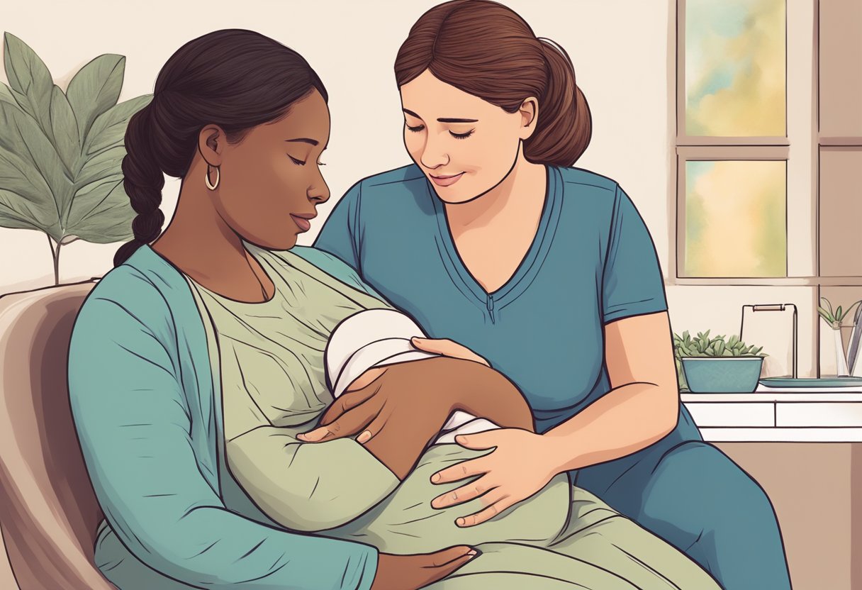 A doula comforting a pregnant woman during labor, providing emotional support and guidance