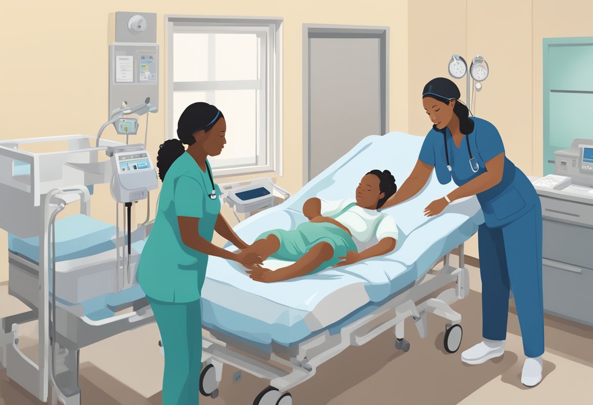 A doula providing support during labor and delivery in a hospital setting