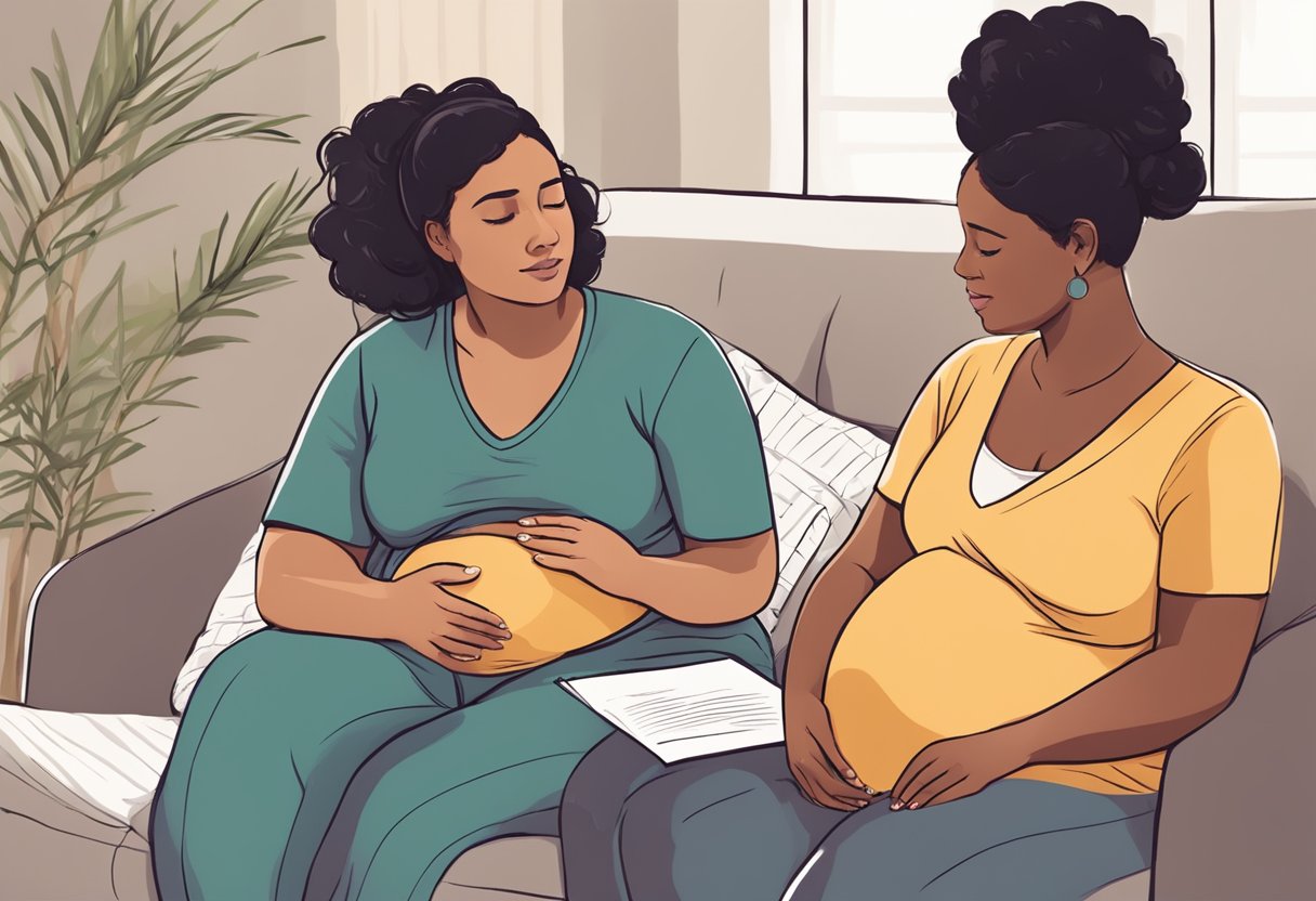 A doula sitting with a pregnant woman, discussing birth plans and providing emotional support