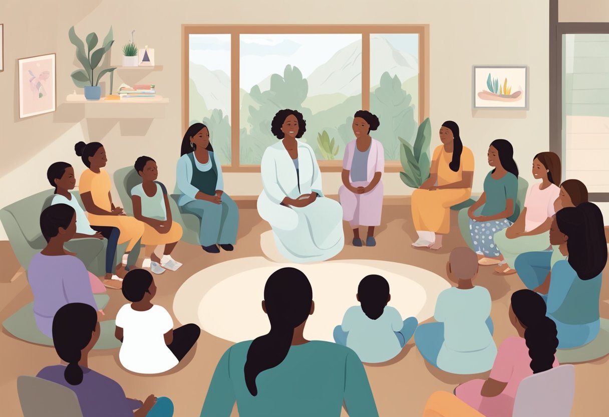 A doula leading a childbirth education class, surrounded by expectant parents and using visual aids to explain the role of a doula