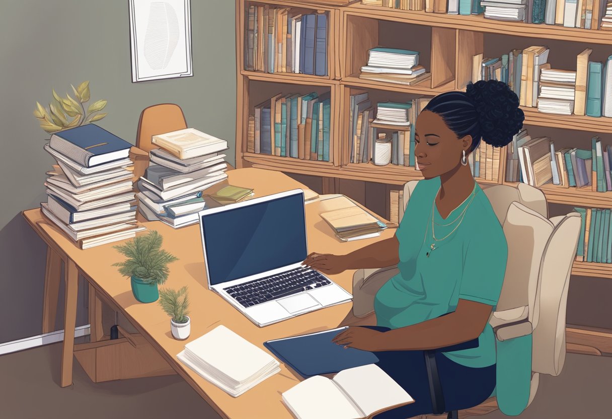 A doula sits at a desk surrounded by books, a laptop, and educational materials. A path of learning and growth is depicted through the progression of resources