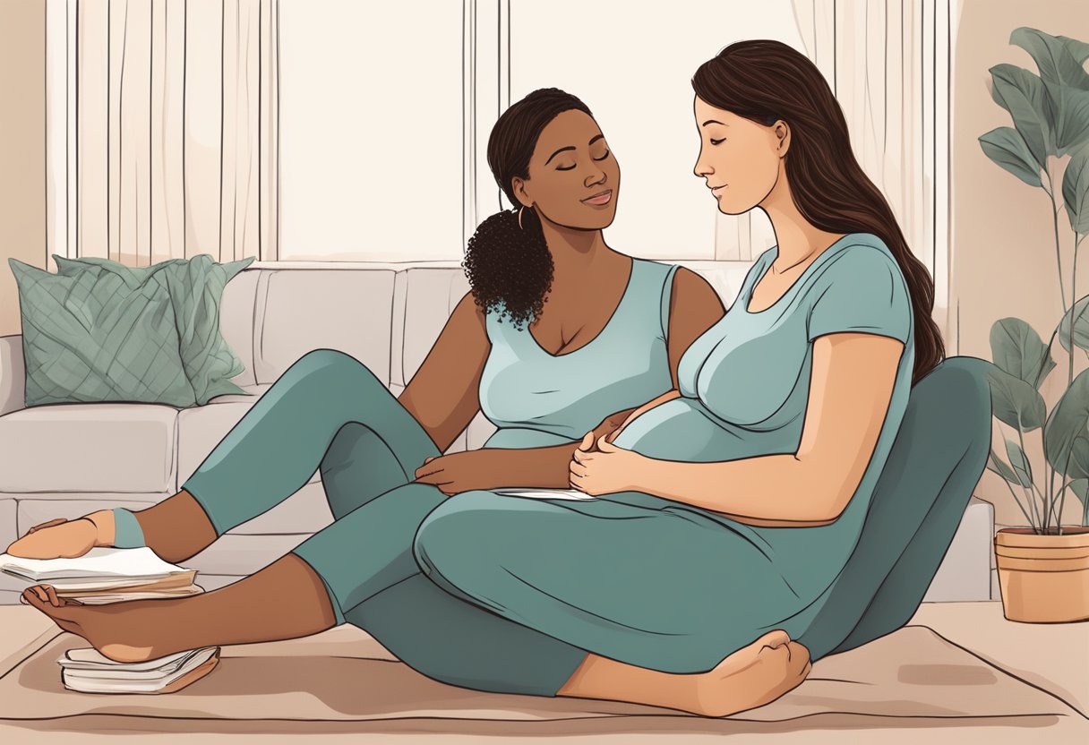 A doula sitting with a pregnant client, discussing birth plans and providing emotional support