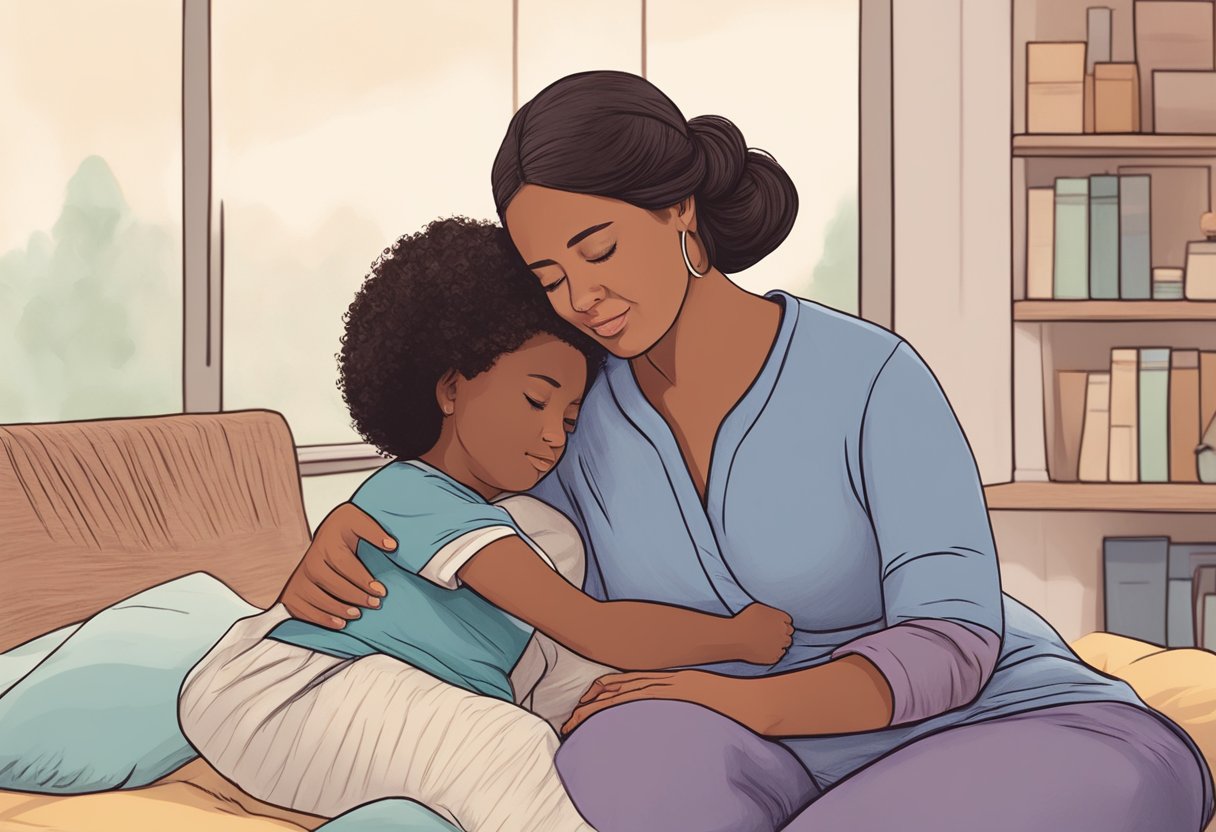 A doula comforting a laboring person through touch and words of encouragement