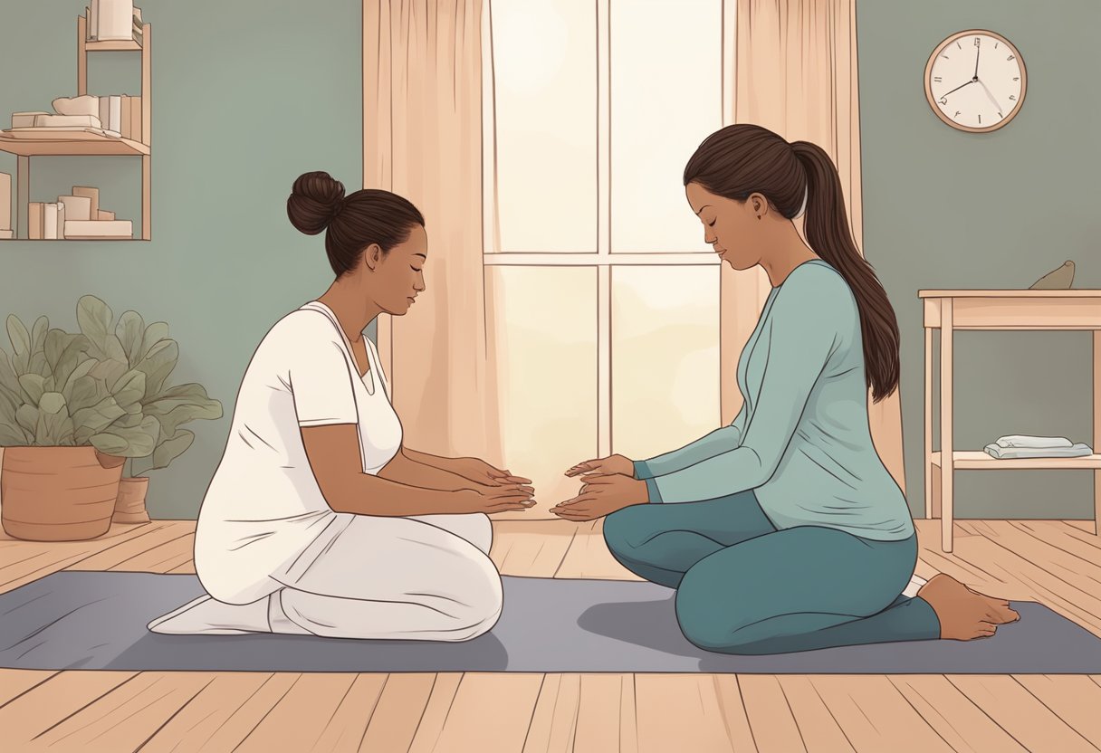 A doula guiding a pregnant woman through breathing exercises during labor