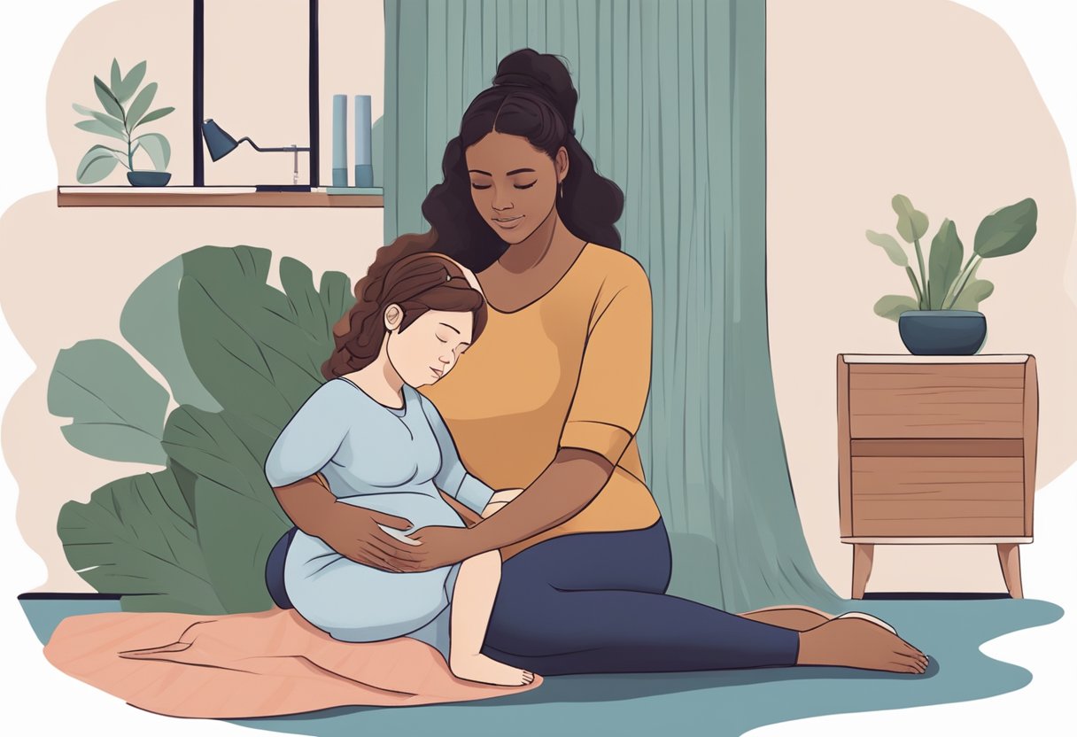 A doula sitting with a pregnant woman, providing emotional support and advocacy during labor