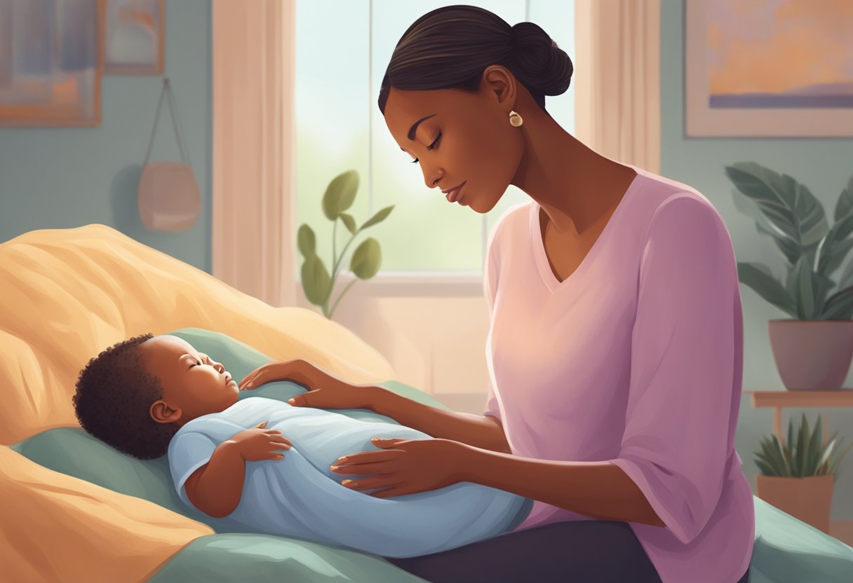 A doula gently supports a new mother, offering comfort and guidance in a peaceful, nurturing environment