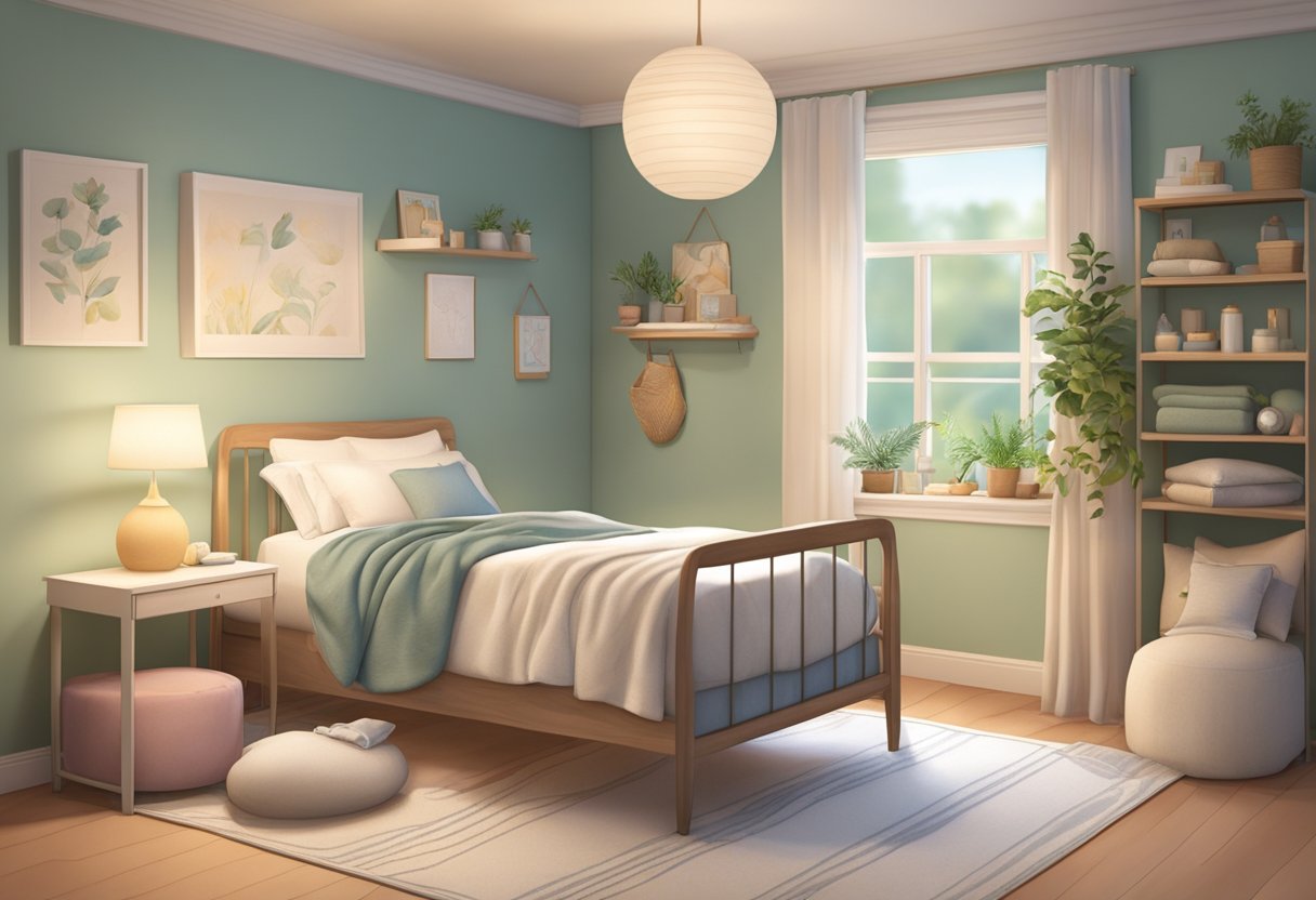 A serene birthing room with a comfortable bed, soft lighting, and calming decor. A doula provides support to a laboring mother, while family members offer encouragement