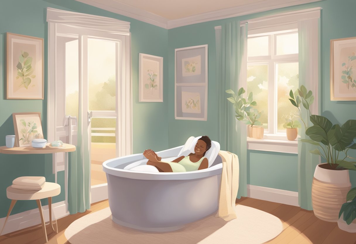 A serene birthing room with a comfortable birthing tub, soft lighting, and soothing music playing in the background. A doula provides emotional and physical support to the laboring mother