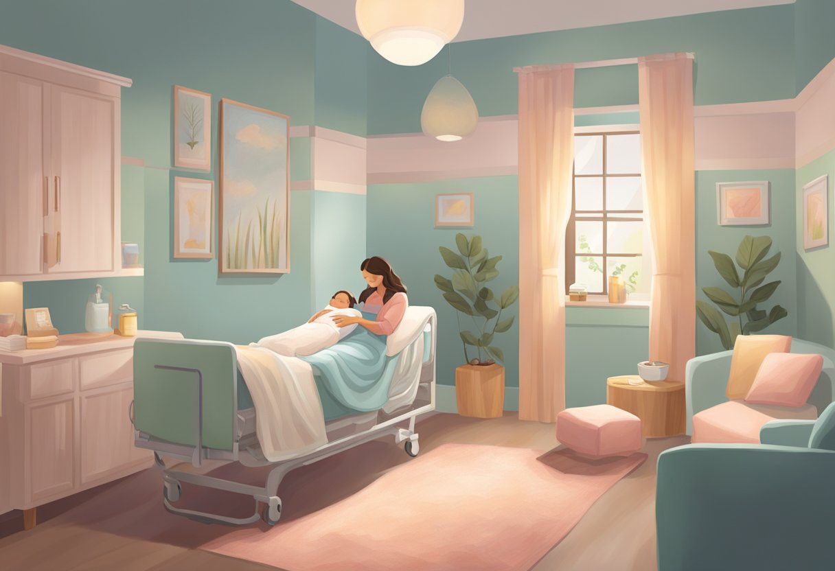 A serene birthing room with soft lighting, a comfortable birthing bed, and a supportive doula guiding the mother through labor and delivery