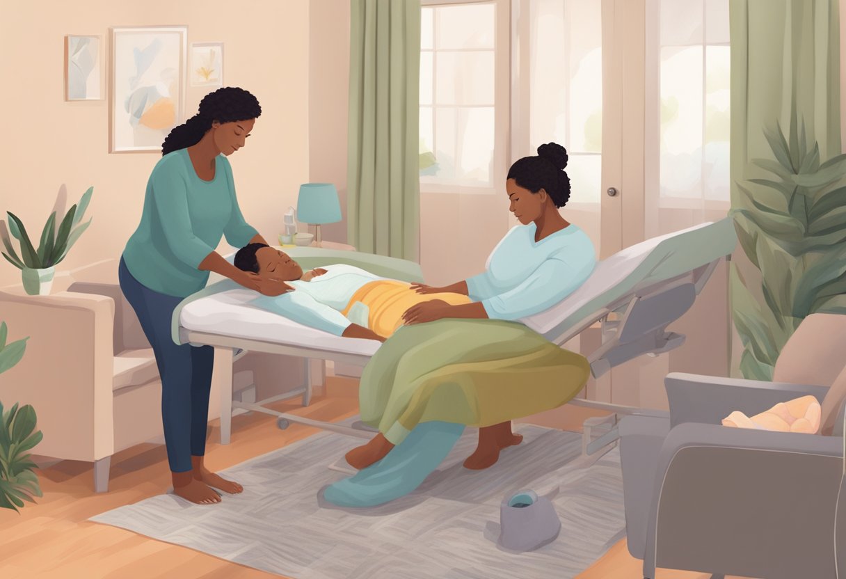 A serene birthing room with a doula providing support to a laboring mother, offering comfort and guidance during the delivery process