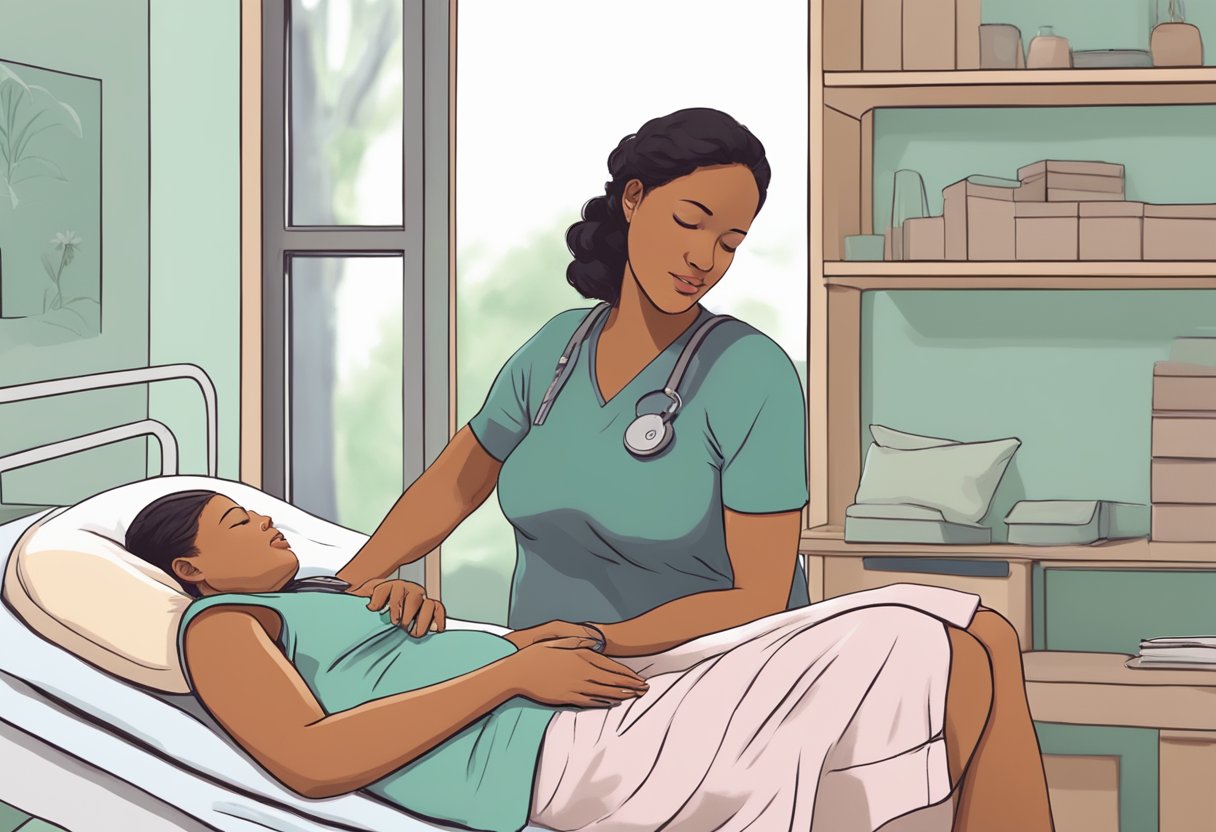 A birth doula comforting a laboring person, providing emotional support and guidance during the delivery process