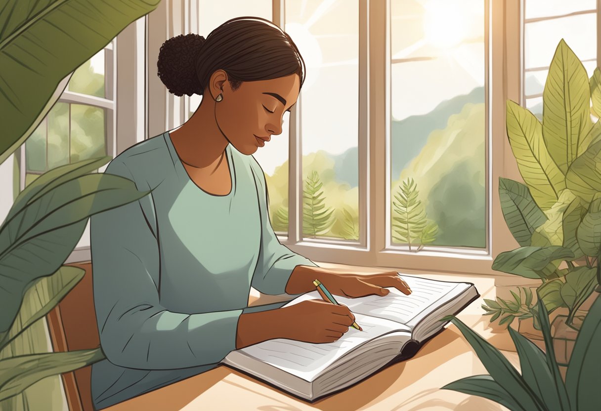 A serene and focused individual studying a doula certification textbook surrounded by calming natural elements like plants and sunlight streaming through a window