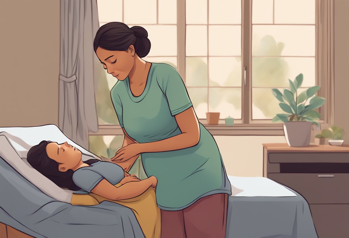 A doula comforting a pregnant woman during labor, providing emotional and physical support