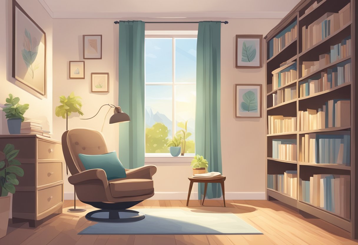 A serene, sunlit room with a cozy armchair, a desk with paperwork, and shelves filled with books on childbirth and maternal care