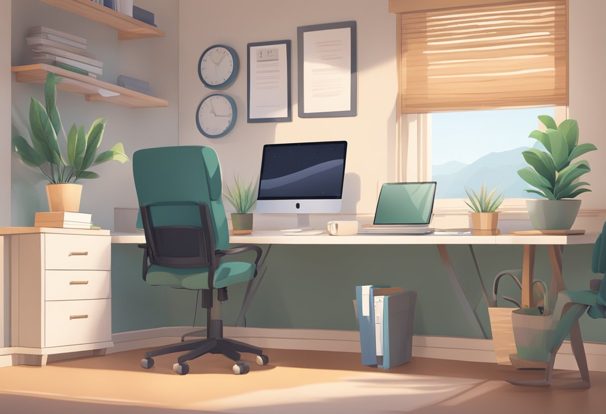 A cozy office space with a desk, computer, and chair. A wall-mounted diploma and a stack of paperwork for certification. Plants and soft lighting create a calming atmosphere