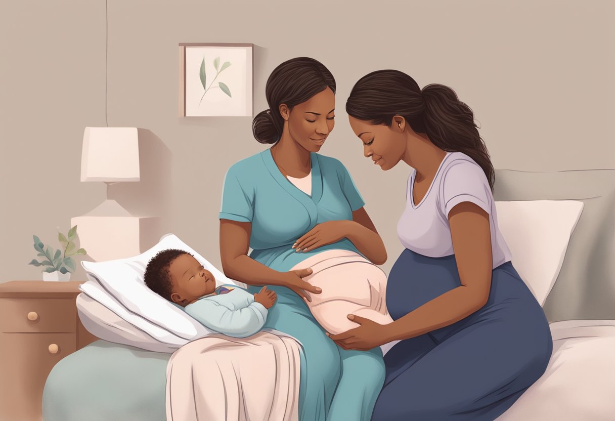 A doula providing emotional support and guidance to a pregnant person, and later offering postpartum care and assistance with newborn care and breastfeeding