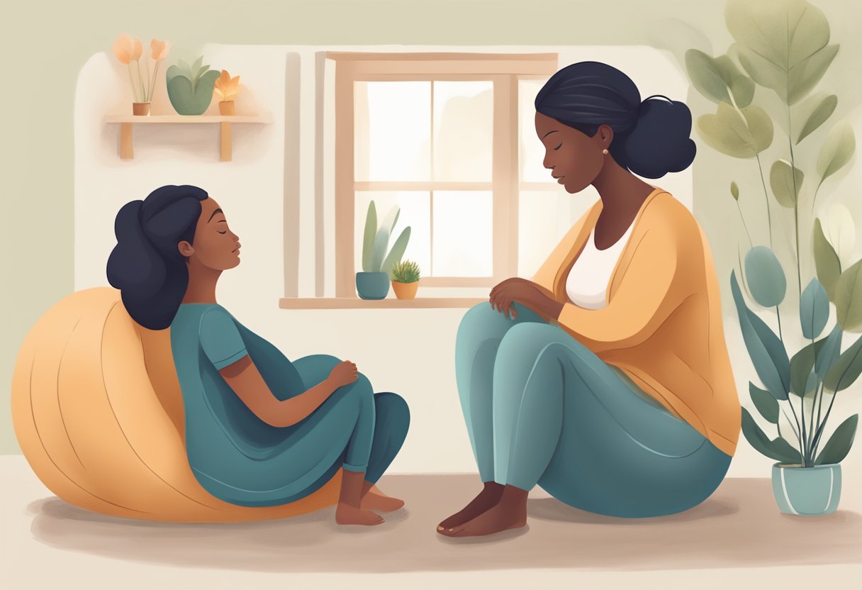 A doula sitting with a pregnant person, discussing birth and postpartum plans. Supportive and comforting atmosphere, with a focus on nurturing and care