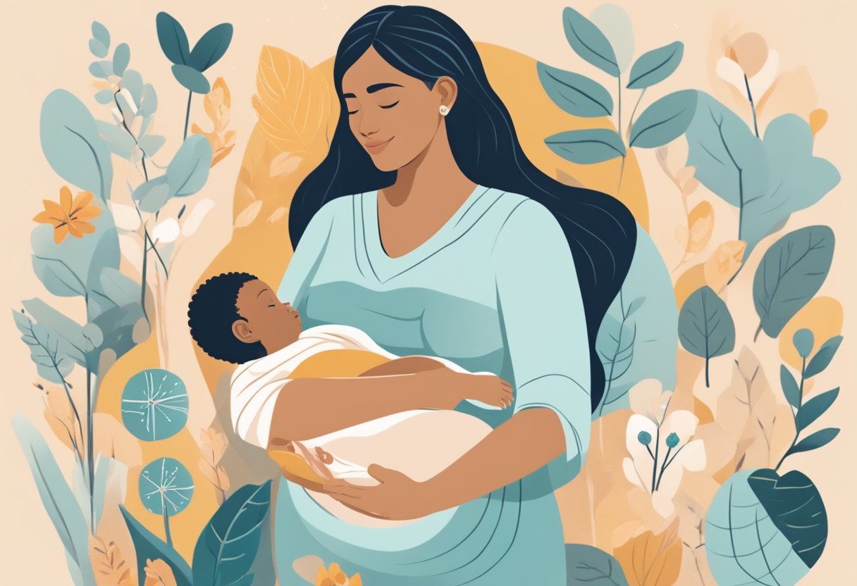 A doula holds a pregnant woman's hand, surrounded by calming colors and symbols of support, while a baby cradle and postpartum recovery items are nearby