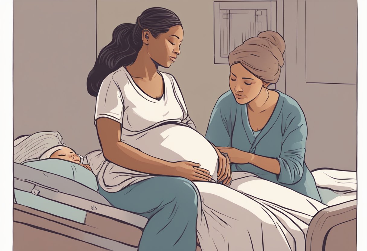 A doula comforting a pregnant woman during labor, offering support and guidance