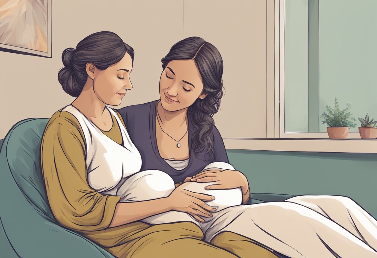 A doula sitting with a pregnant woman, offering support and guidance during labor. The doula is providing comfort and reassurance to the mother-to-be