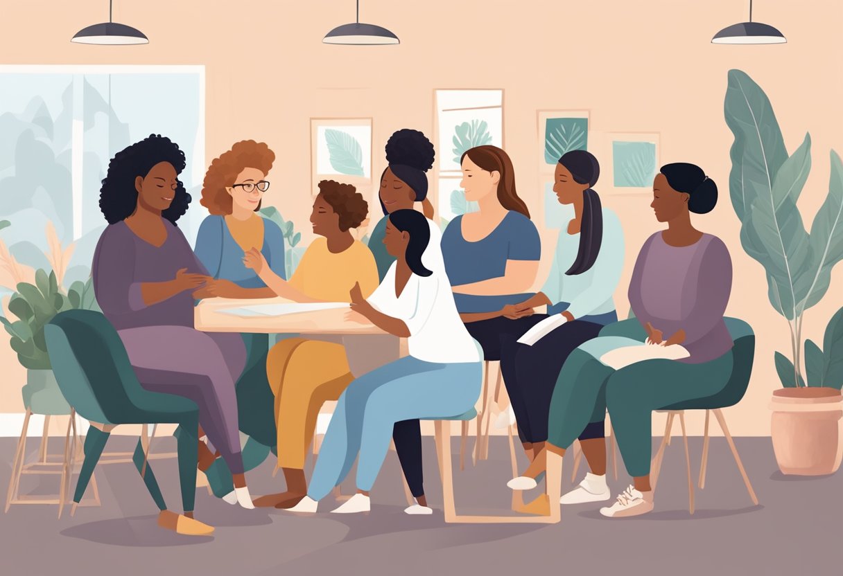 A group of diverse individuals engage in hands-on training, workshops, and educational sessions to become certified doulas. The atmosphere is supportive and nurturing, with a focus on empathy and compassion