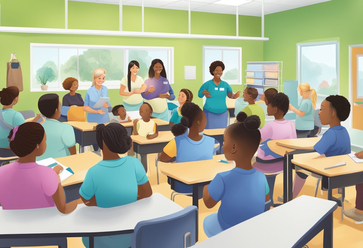 A group of diverse individuals engaging in hands-on training exercises, discussing prenatal care, and practicing labor support techniques in a bright and welcoming classroom setting