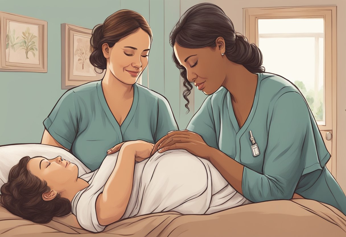 A doula supporting a birthing person through labor, offering emotional and physical comfort