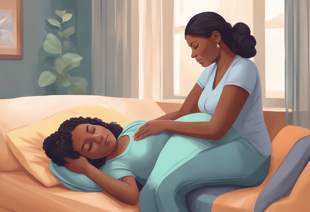 A doula comforting a pregnant woman during labor, providing emotional support and guidance