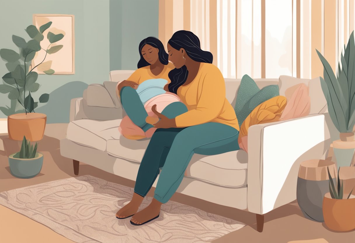 A doula sits with a pregnant woman, offering support and guidance. They discuss birth plans and postpartum care in a cozy, nurturing environment