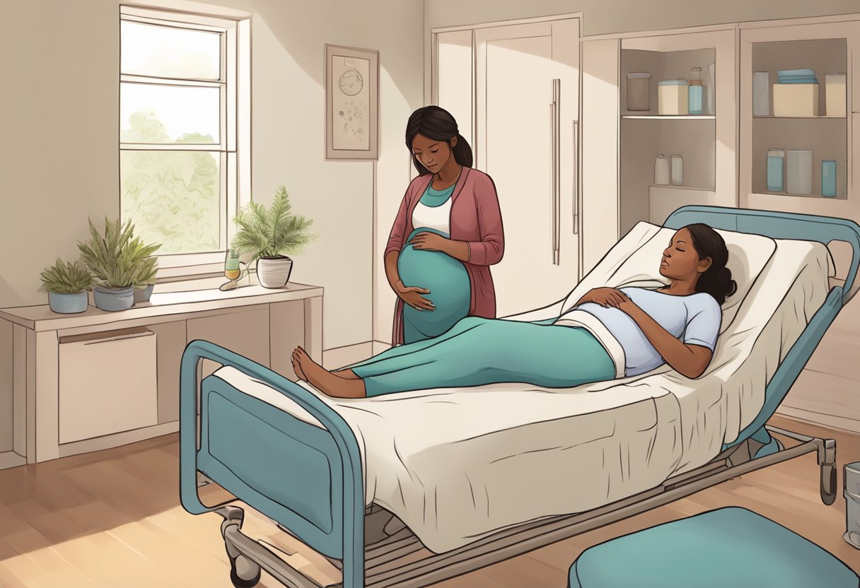 A doula guiding a pregnant woman through labor, providing emotional support and comfort during childbirth