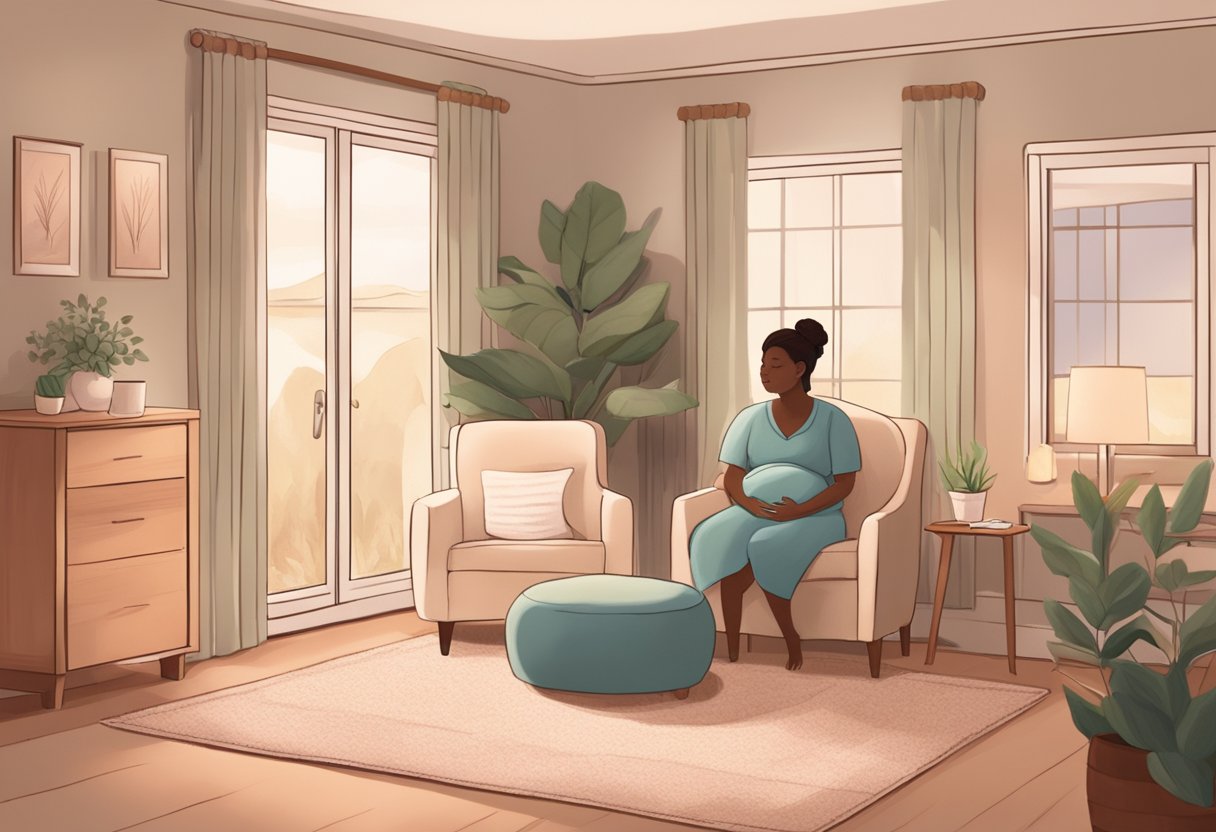 A serene birthing room with a cozy chair, soft lighting, and a comforting atmosphere. A doula stands nearby, offering support and guidance to a mother during labor