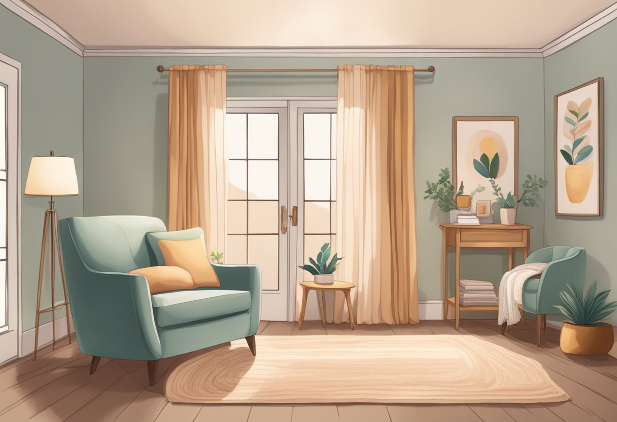 A serene and comforting setting with a cozy chair, soft lighting, and a warm color palette, creating a welcoming space for expecting parents to meet with a doula