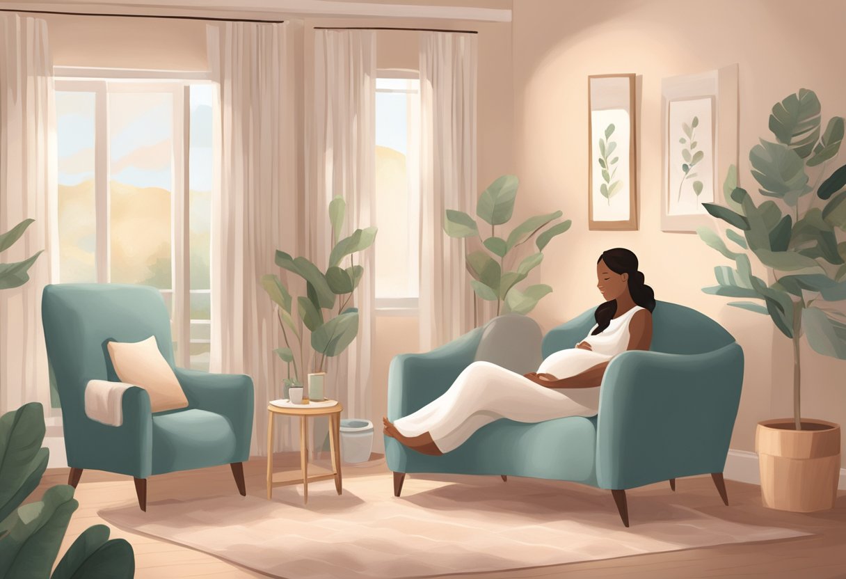 A serene birthing room with a comforting chair, soft lighting, and soothing decor. A doula sits nearby, offering support and guidance to an expectant couple