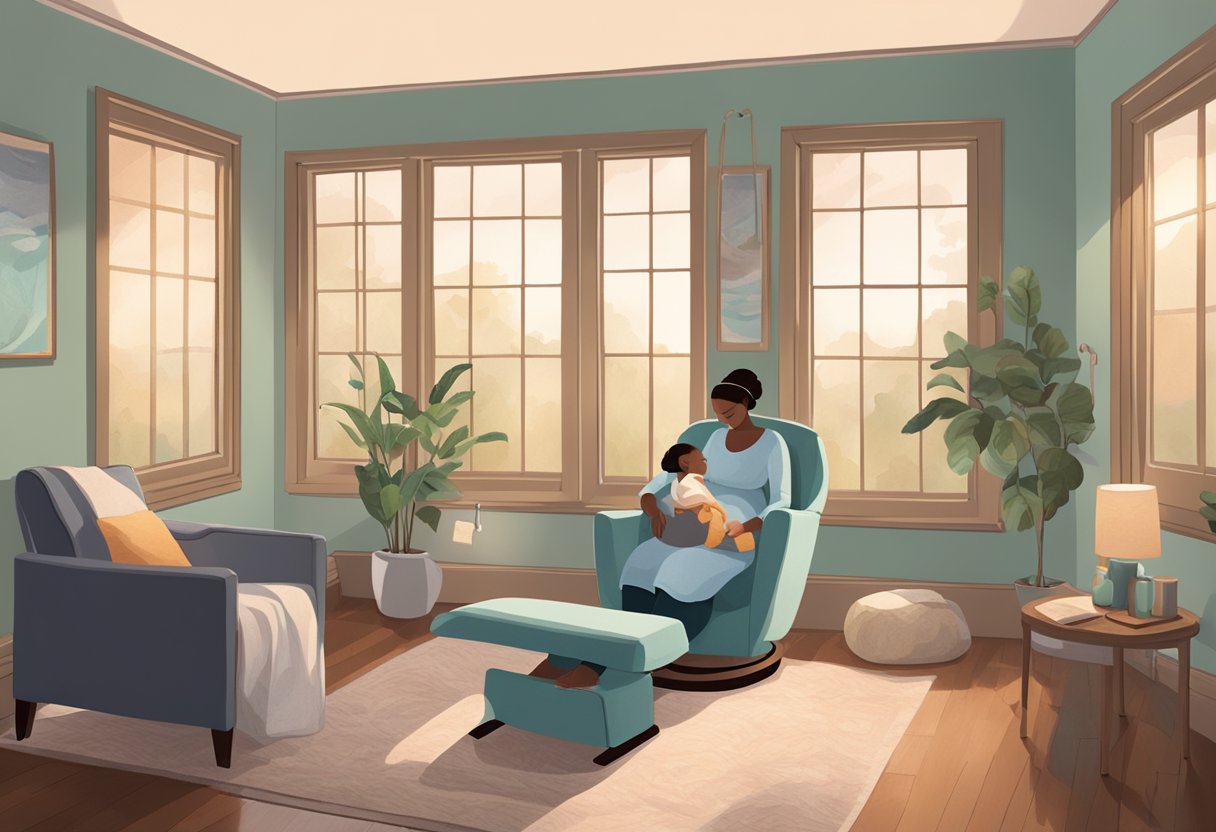 A serene, dimly-lit room with a comfortable birthing chair, soft music playing, and a doula offering support to an expectant mother