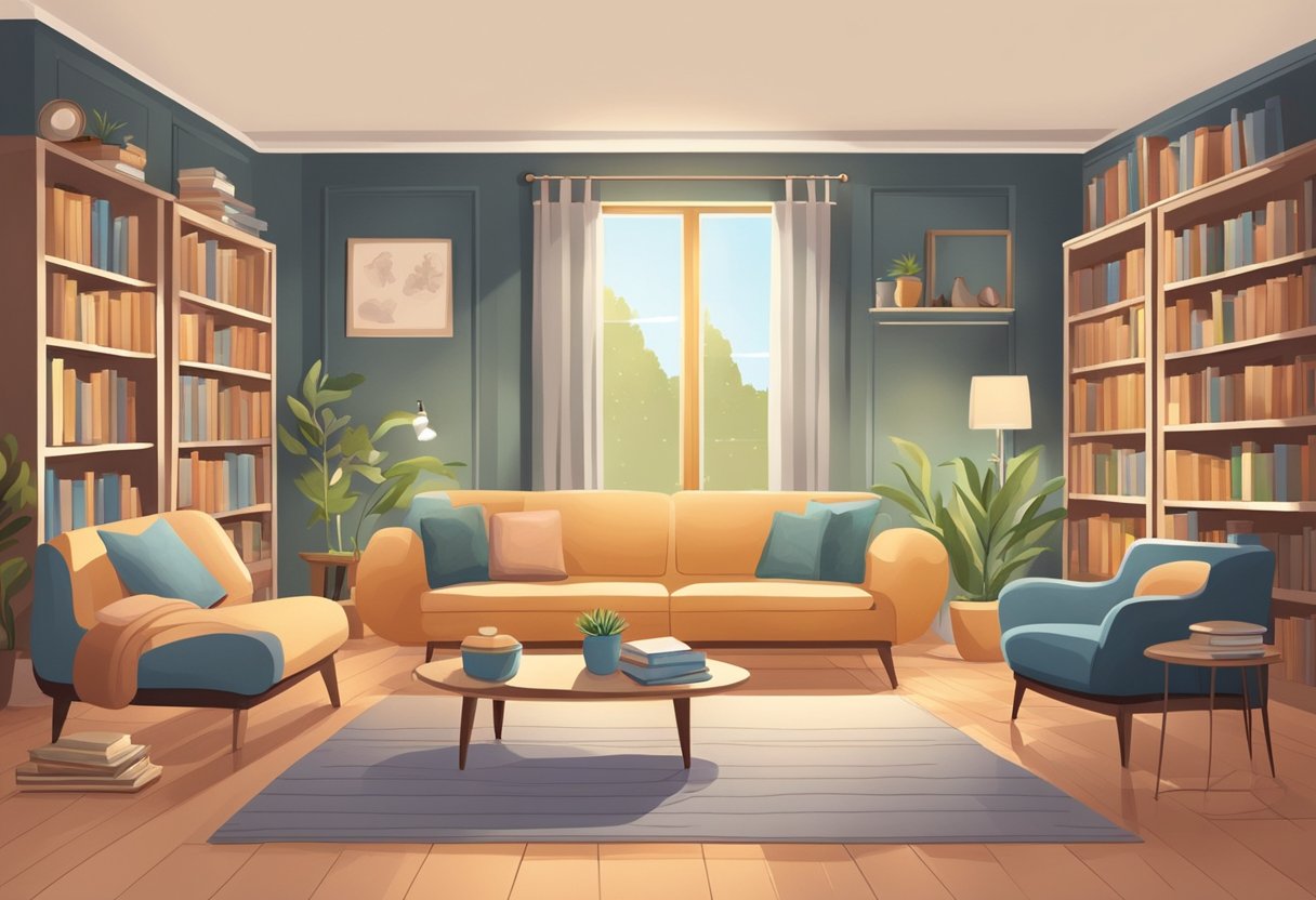 A serene, cozy living room with soft lighting and comfortable seating. A bookshelf filled with pregnancy and parenting books. A warm, welcoming atmosphere