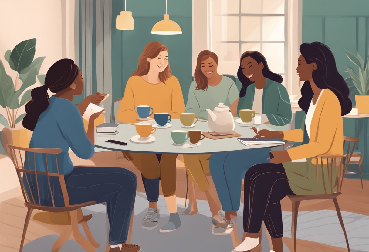 A group of doulas gather in a cozy meeting space, engaged in a lively discussion while sipping on tea and taking notes