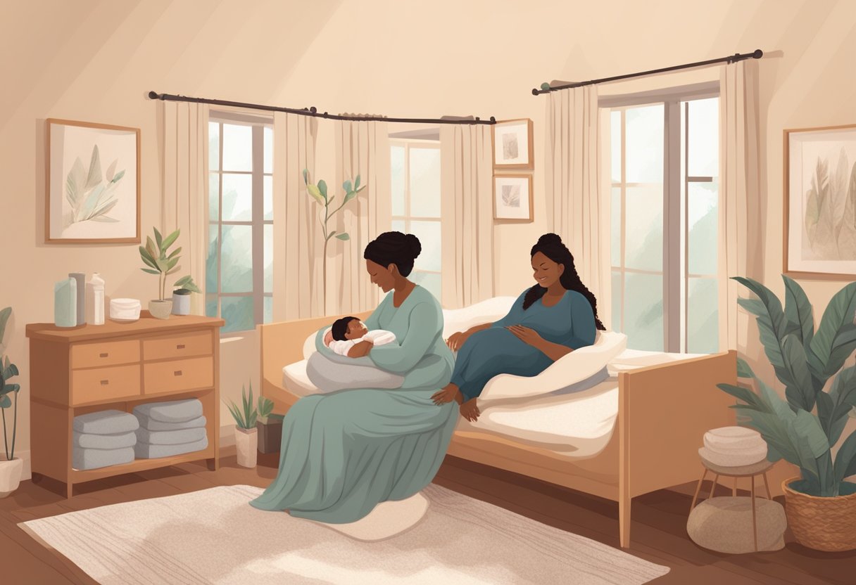 A serene birthing room with a mother being supported by a birth doula, while a postpartum doula provides care and guidance in a cozy, peaceful home environment