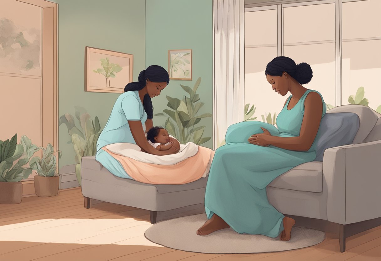 A serene birthing room with a mother in labor and a doula offering support, contrasted with a peaceful postpartum scene with a doula assisting a new mother with her baby